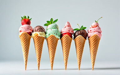 Flying Ice Cream Cones with Colorful Scoops on Bright Pastel Mint Background