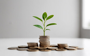 Coins on Table with Tree Sprout, Light Gray-White Background