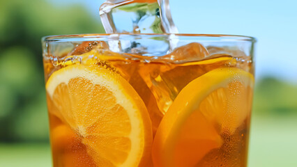 Glass of iced tea with orange slices and ice cubes sparkles under summer sun. This iced tea with cubes of refreshing ice radiates freshness, thirst-quenching appeal, and seasonal vibes
