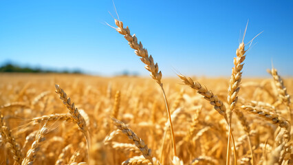 Golden wheat field sways gently under clear blue sky, evoking abundance and serenity. This wheat field footage represents harvest, nature, and rural beauty. Farmland field during harvest, ripe ears