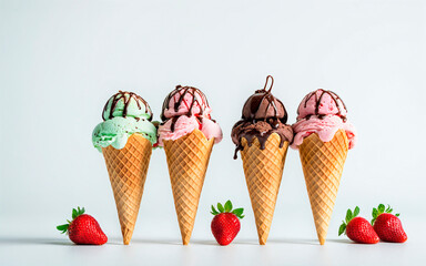 Four Types of Ice Cream with Toppings and Decorations on Colorful Background