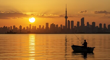 Golden hour fishing in urban waterscape