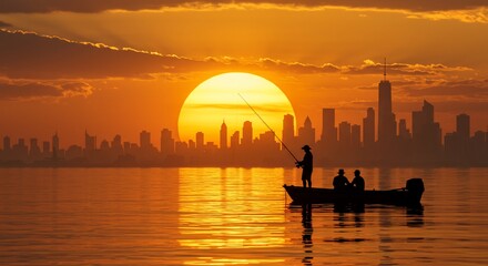 Golden skyline fishing adventure at sunset