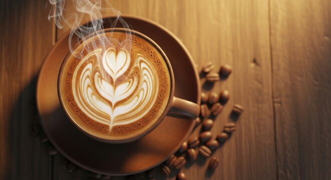 Beautiful latte art heart pattern in steaming coffee cup with coffee beans on wooden table. Perfect cappuccino with milk foam design in cozy cafe atmosphere.