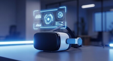 Futuristic VR headset with holographic interface displaying charts and data, set on a sleek desk in a modern office. Perfect for tech, innovation, and virtual reality themes.