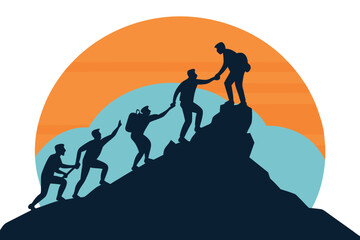Climbing Team Silhouette People Helping Each Other Ascend a Mountain Peak Together with Sunset Backdrop