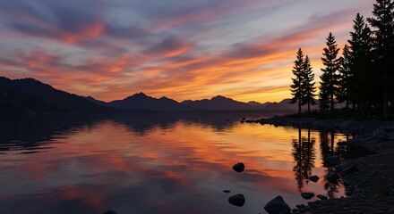 Lake mirror sunset mountain silhouette