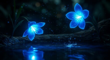 Luminous Blue Flowers Reflect in Water