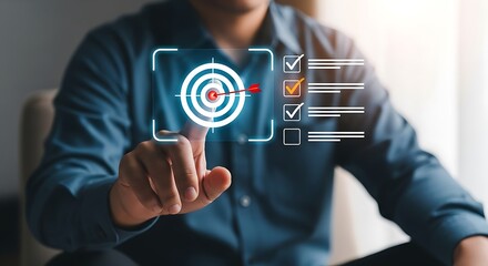 Businessman aiming for success by achieving goals and completing tasks on a digital interface with checklist and target illustration