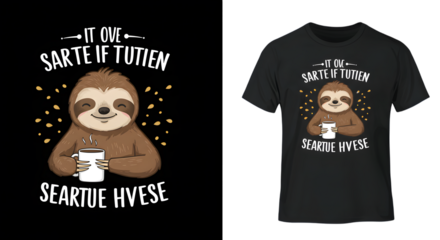 Cute sloth holding coffee cup with it over and seartue hvese text