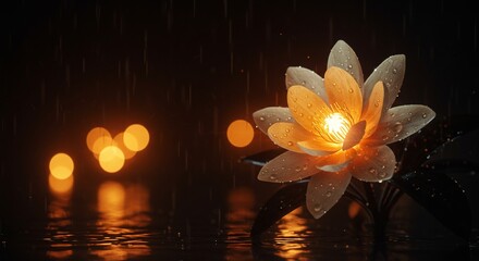 Luminous water lily in the rain