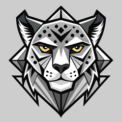 Geometric snow leopard face features bold lines and striking yellow eyes is presented