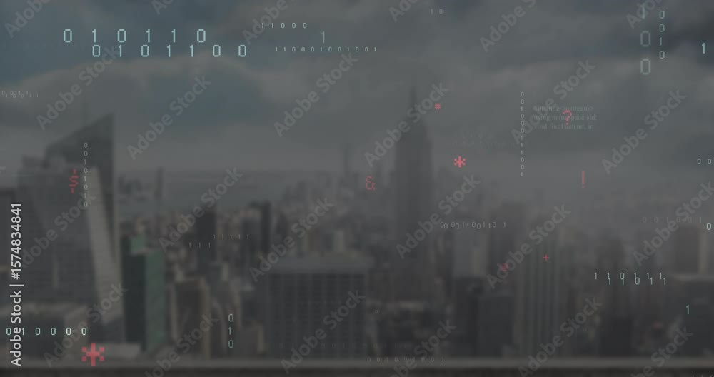 Poster white binary clusters appearing over skyline initiating floating code visualizing data