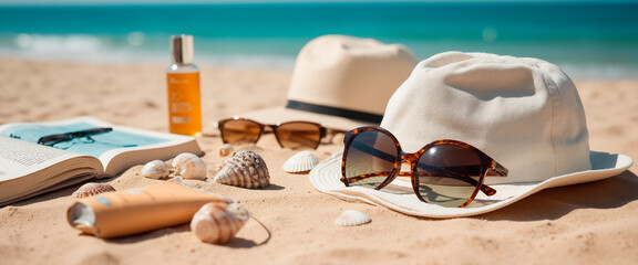 Beach Hats and Sunglasses on Birch Beach with Sunscreen Cream