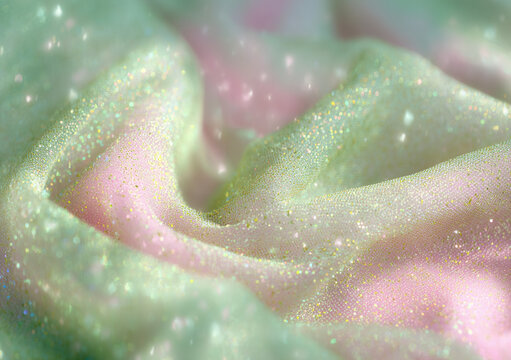 Enchanting pastel green and pink glittery fabric creating a dreamy atmosphere for magical projects and creative endeavors