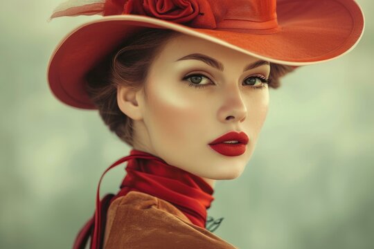 Fashion model with red lipstick and elegant red hat posing for beauty portrait