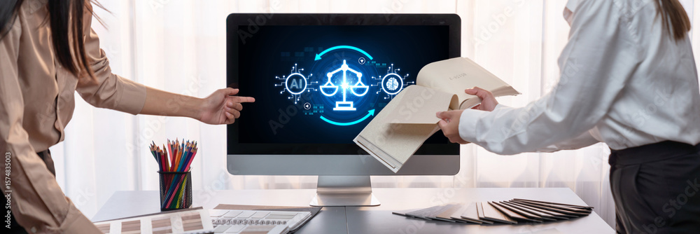 Poster ai ethics responsibility standard law and rules on computer screen provide report of ai ethic transp