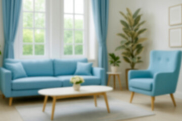 Blurred view of modern living room with sofa and soft bench. room interior with couch, armchair and coffee table or shelving units. stylish living room. comfortable workplace near big window.