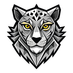 Stylized snow leopard head features sharp geometric shapes and bright yellow eyes