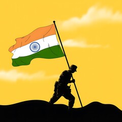 A soldier is holding the indian flag high with pride against the sky