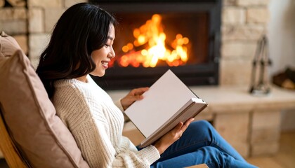 Obraz premium Woman reads by fireplace