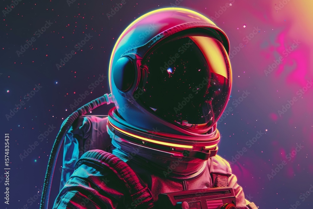 Poster astronaut wearing a helmet and spacesuit explores the vastness of outer space, accompanied by a retr