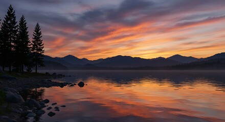Mountain lake reflects fiery sunrise