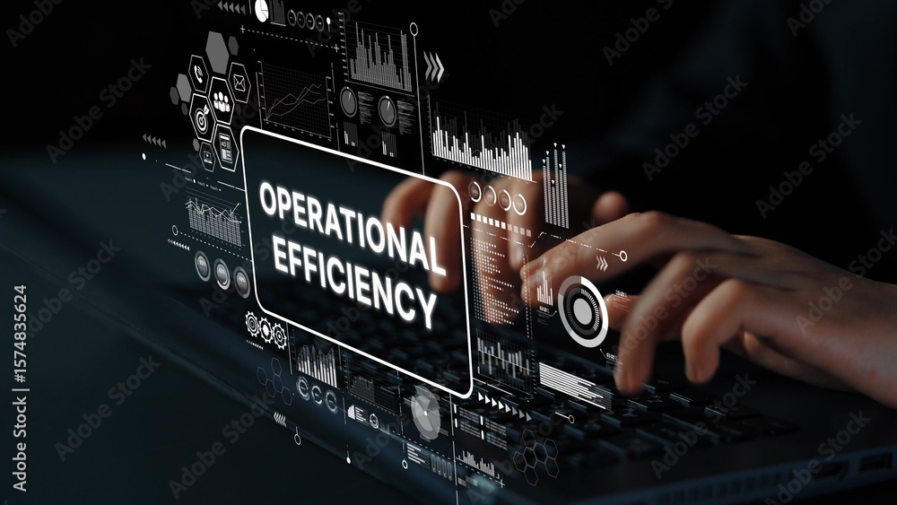 Poster hands on laptop screen displaying operational efficiency concept with data visualization elements an