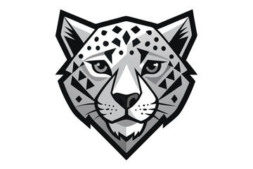 Stylized monochrome snow leopard head showcases a unique geometric pattern and shaded detail