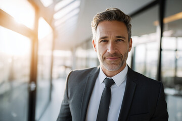 Fototapeta premium Confident mature businessman in a sleek suit standing in a modern office with natural sunlight and glass walls