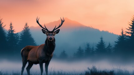 Majestic deer stands proudly in a misty forest as the sun sets, creating a serene and captivating wildlife scene