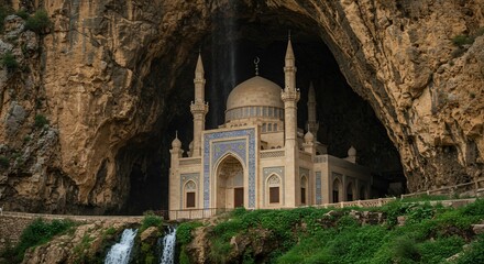 Mountain mosque hidden by cave waterfall