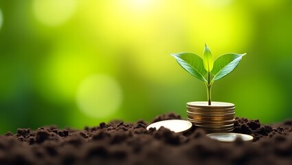 money growing from the ground with a small tree emerging from a coin or coins planted in the soil