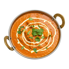 Vibrant deep orange-red Indian Butter Chicken curry with tender chicken, garnished with white cream swirls and fresh green cilantro in a polished karahi bowl on a plain white background, top-down