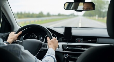 Driver's Perspective: Hands on Wheel, Eyes on Road, Modern Car Interior, Safe Driving