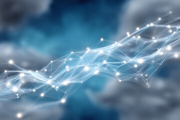 Abstract glowing network connections with light nodes on a blue blurred background representing digital communication and technology