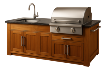 A wooden barbecue station with a built-in sink and prep area, tailored for a luxury villa's outdoor kitchen.