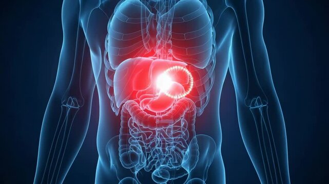 A human body scan shows spleen inflammation and pain in the abdominal region