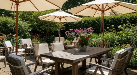 Elegant Outdoor Dining: Wooden Table, Chairs, Umbrellas, and Lush Garden Setting