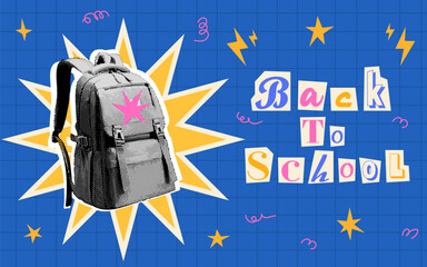 Back to school banner. School collage elements in retro halftone style. Trending collage style. Concept for school, college, university and study. 