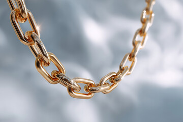Fototapeta premium Close-up of shiny gold chain links with reflective surface and soft blurred background