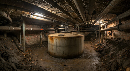 Basement with Large Metal Tank and Pipes