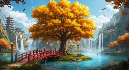 Serene Autumnal Temple Vista on Water