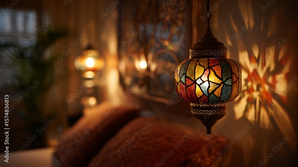 Poster warm and inviting moroccan-style lantern casts intricate colorful shadows on soft textured surface, 