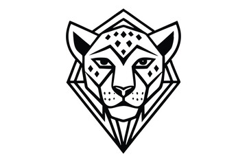 Geometric jaguar face peers powerfully from a diamond frame in monochrome line art