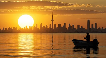 Serene cityscape sunrise with lone fisherman