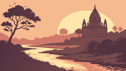 Serene Sunset Landscape:  Ancient Temple Silhouette by River, Warm Tones, Peaceful Mood,  Tranquil Asian Scenery, Vector Illustration,  Spiritual Atmosphere,  Flat Design Style.
