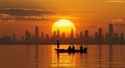 Silhouette fishers basking in sunset city glow