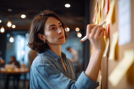 Focused young woman writing on sticky notes on a corkboard in a modern office brainstorming session