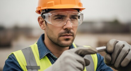 Focused Construction Worker in Safety Gear Inspecting Equipment Outdoors